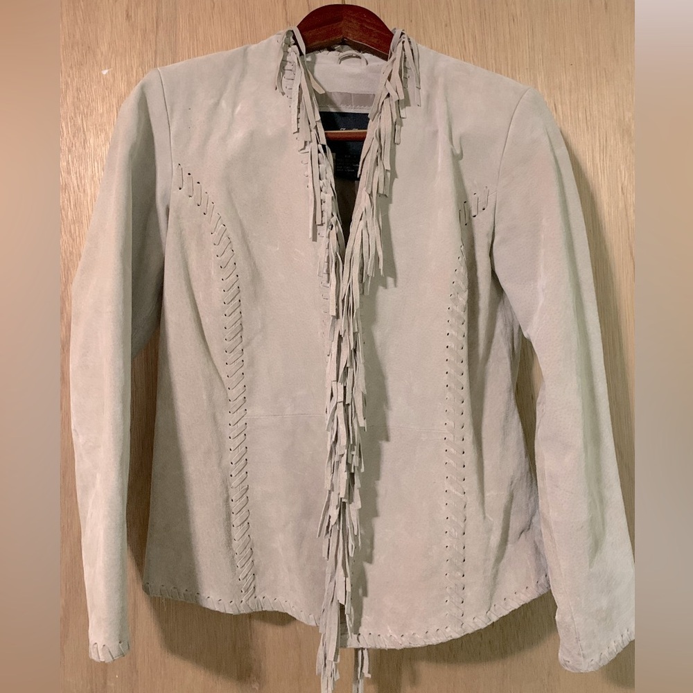 Creamy Tan Leather/Fringe Coat Size small.